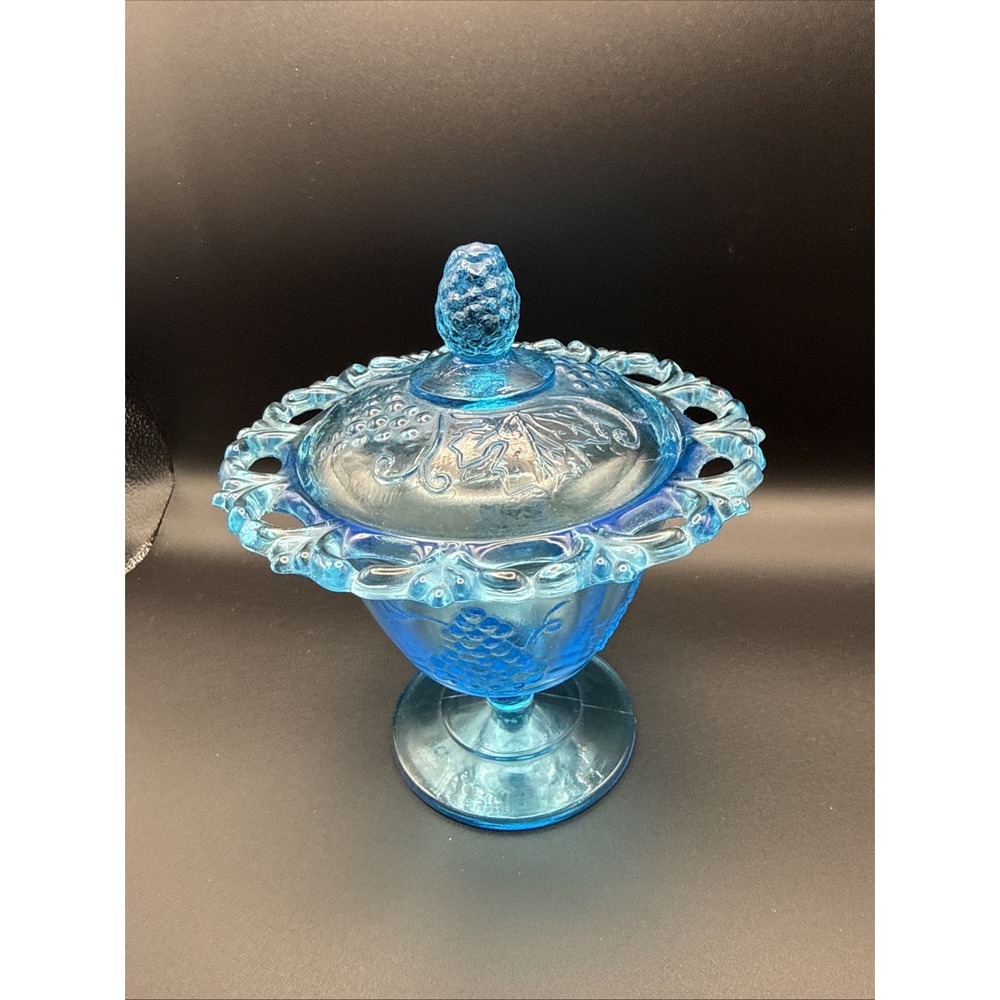 Vintage Indiana Glass Colony Harvest Grape Lt  Blue Candy Dish 7"Lace Edge Lid